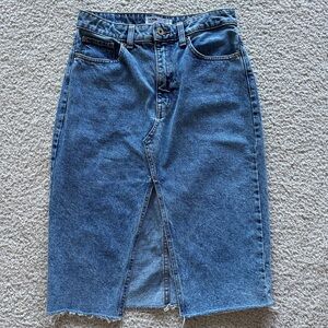 Bershka Medium Wash Denim Front Slit Midi Skirt